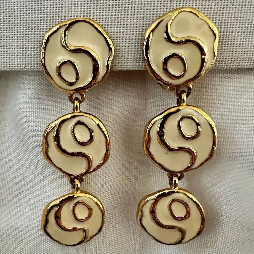 Gold Tone Cream Enamel Triple Drop Clip-On Earrings